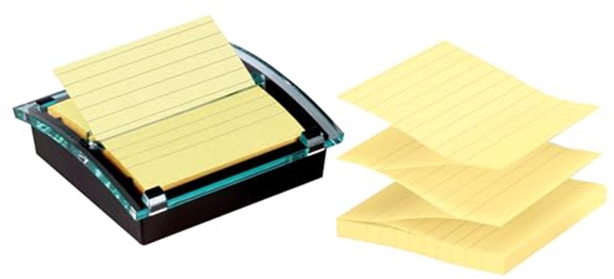 Super Sticky Pop-up Notities Dispenser en Waardepakket - 4x4 Zelfklevende Notities in Zwart Helder met 4 Pads Kanarie Geel