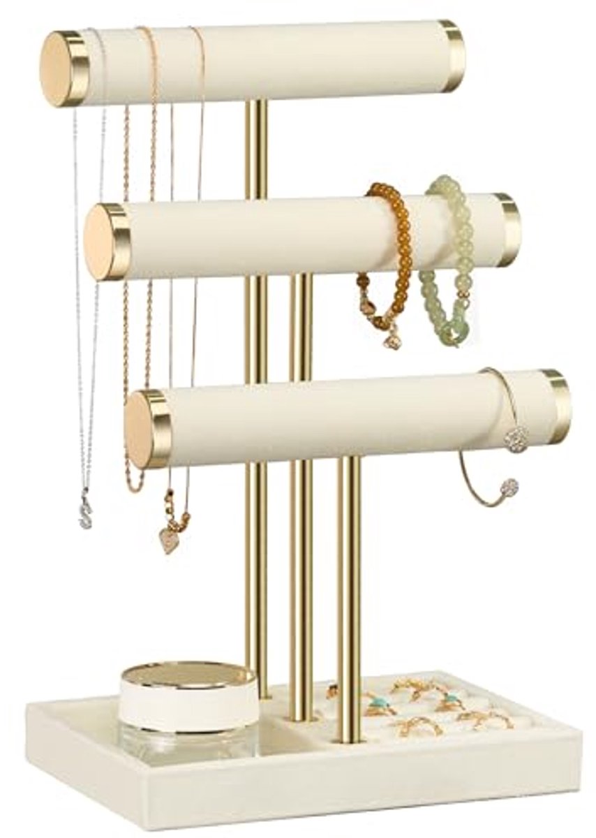 Sieradenorganizer met 3 lagen - Beige Fluwelen Sieradenstandaard voor Armbanden, Kettingen en Ringen