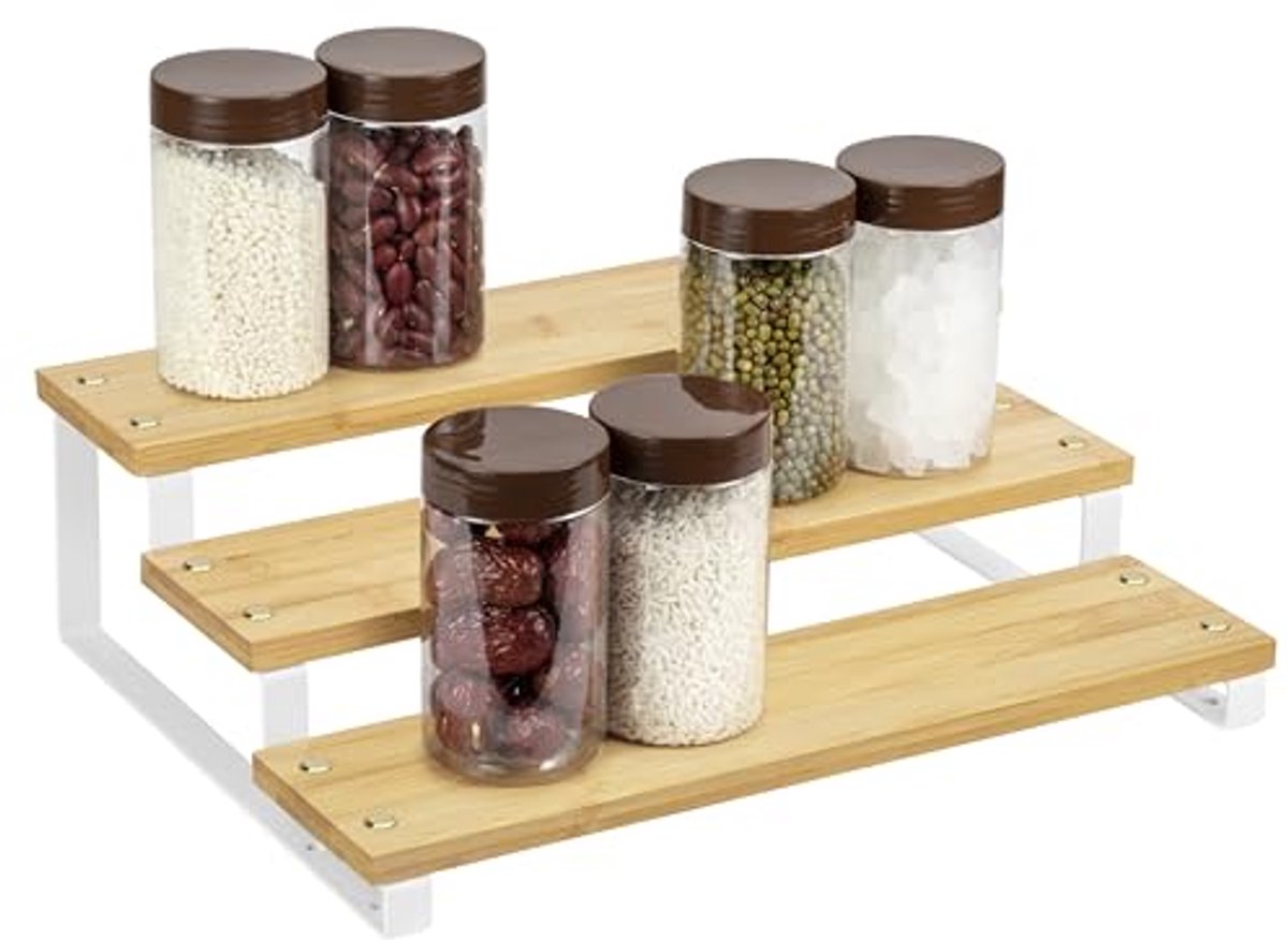 Kruidenorganizer 3-laags voor Keuken - Bamboe en Metaal, Ideaal voor Planken en Kasten