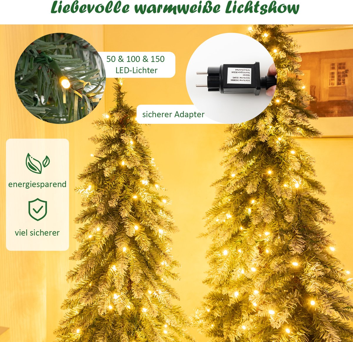 COSTWAY Kunstkerstboom, 3-delig, 90 + 120 + 150 cm, Kerstboom met sneeuw en warm witte ledlampen, smalle dennenboom met metalen standaard, besneeuwde Kunstboom, pvc-naalden, groen – foto 2