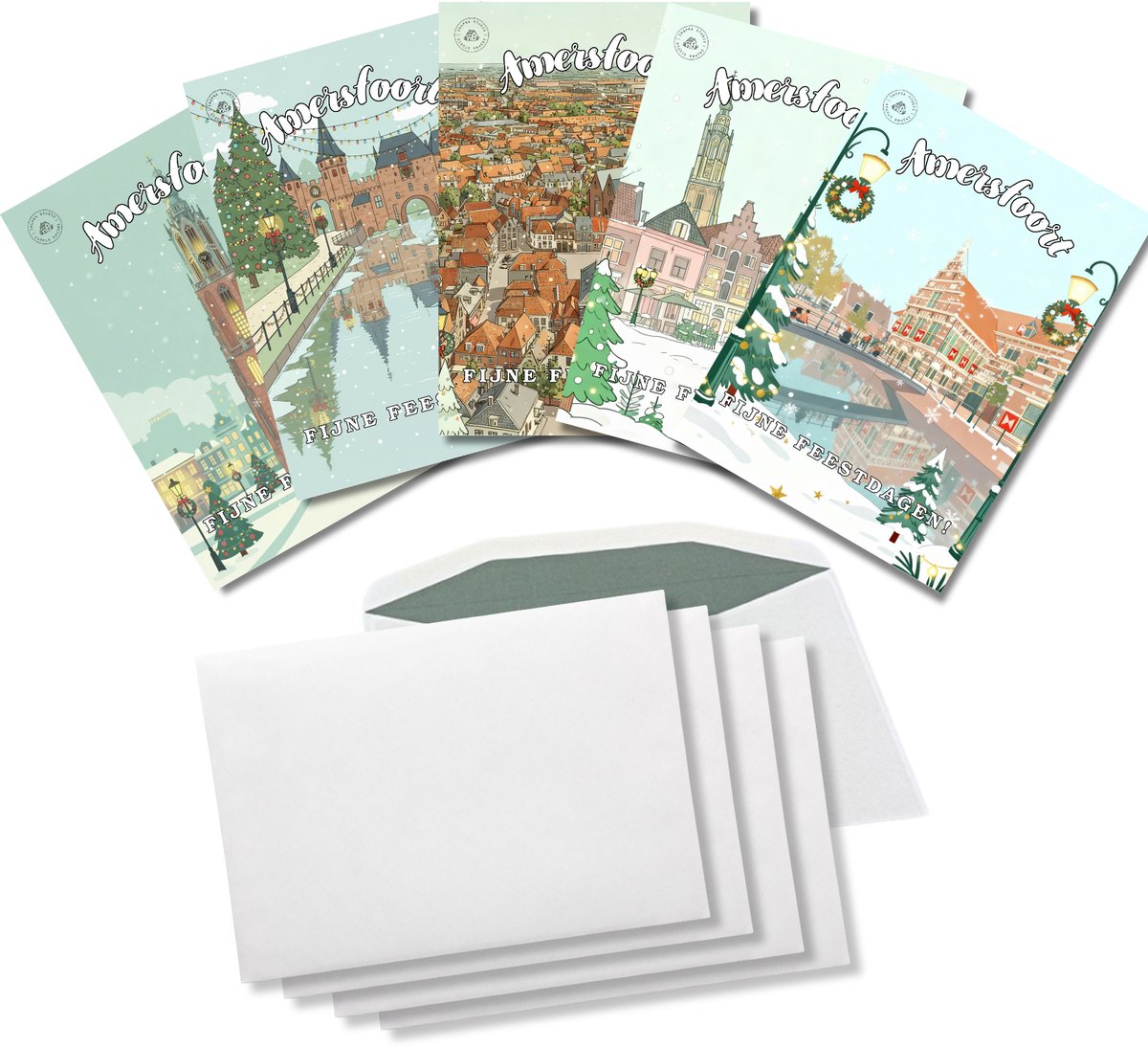 Inspra Studio – Luxe Kerstkaarten met Enveloppen – 5 Stuks – Amersfoort Stad Wenskaarten – Artistieke Illustraties van Nederlandse Steden