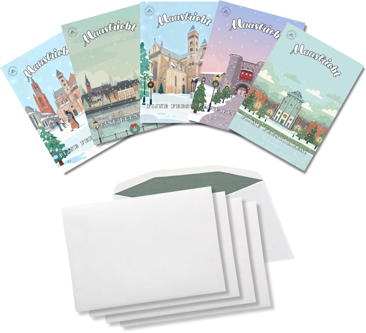 Inspra Studio – Luxe Kerstkaarten met Enveloppen – 5 Stuks – Maastricht Stad Wenskaarten – Artistieke Illustraties van Nederlandse Steden