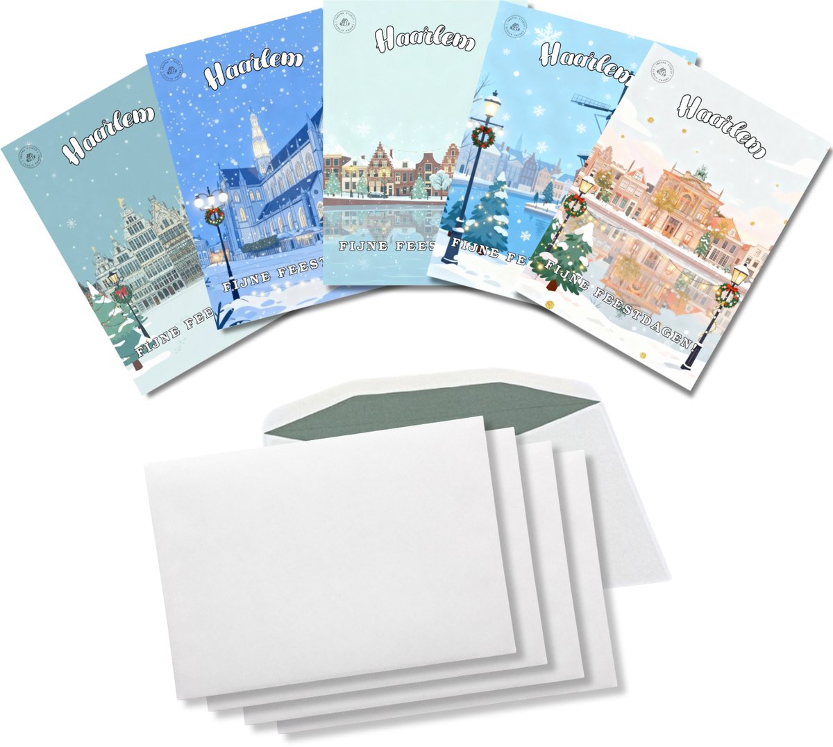 Inspra Studio – Luxe Kerstkaarten met Enveloppen – 5 Stuks – Haarlem Stad Wenskaarten – Artistieke Illustraties van Nederlandse Steden