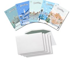 Inspra Studio – Luxe Kerstkaarten met Enveloppen – 5 Stuks – Haarlem Stad Wenskaarten – Artistieke Illustraties van Nederlandse Steden