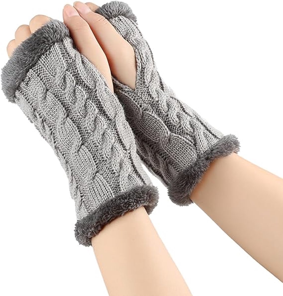 Daity 1 paar, lichtgrijze, gebreide mouwen, vingerloze gebreide handschoenen, winterwanten, kleding met duimgat