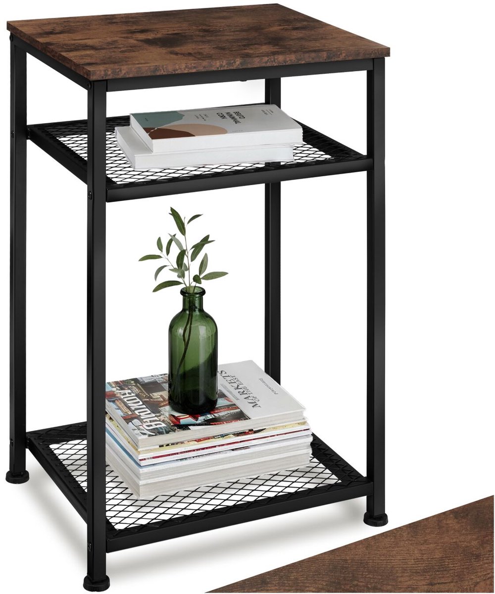 tectake® Bijzettafel van Hout en Metaal – Industrieel Design, Salontafel met 3 Niveaus, Inclusief 2 Gaasplanken, Zwart Metalen Frame – Industrial Dark Brown