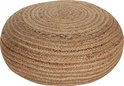 Ronde beige poef van natuurlijk jute, met de hand geweven in een gedraaid vlechtpatroon.