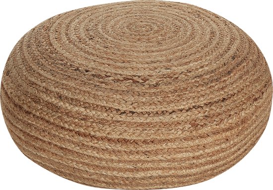 Ronde beige poef van natuurlijk jute, met de hand geweven in een gedraaid vlechtpatroon.