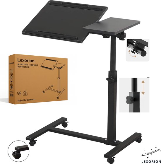 Zwarte, in hoogte verstelbare laptoptafel met wielen, naast een verpakking.