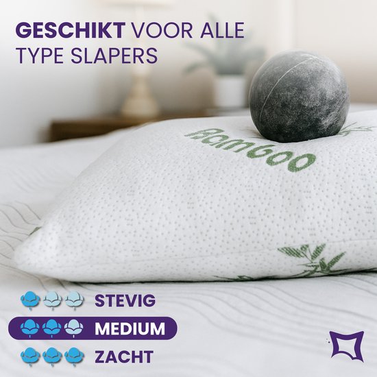 Witte kussen met bamboe print op een bed. Stevig, medium, zacht indicatoren met blauwe stoeltjes.