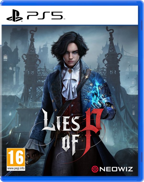 De voorkant van het spel 'Lies of P' voor PS5, met een jonge man met een gloeiende hand.