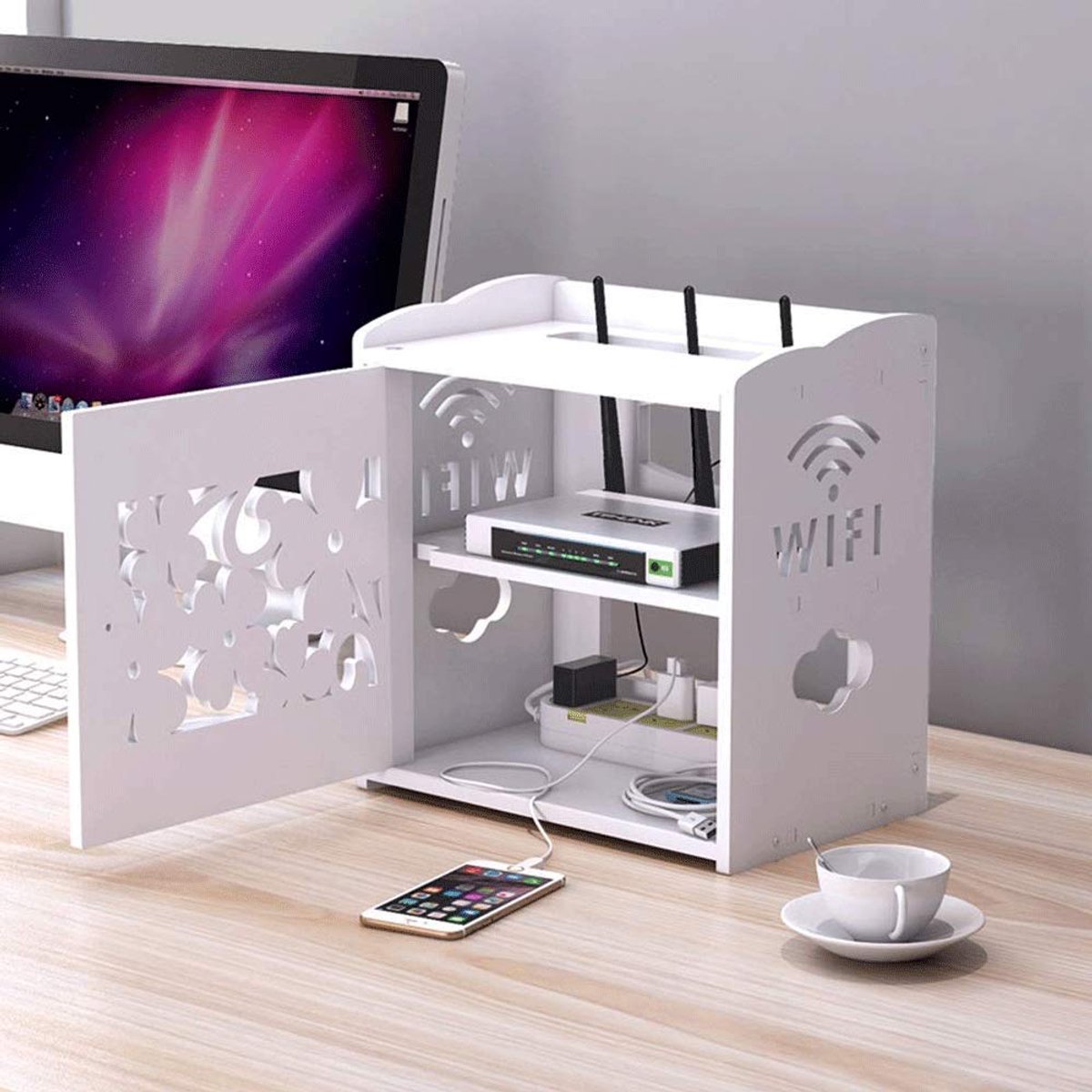 Decoratieve Opbergdoos - Houder voor WiFi Router en Multimedia Apparaten - 1 stuk - Wit