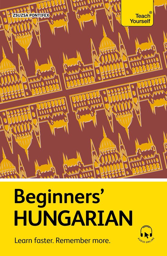 Boek kaft 'Beginners' HUNGARIAN' met een goudkleurig patroon van het parlementsgebouw op een bruine achtergrond.