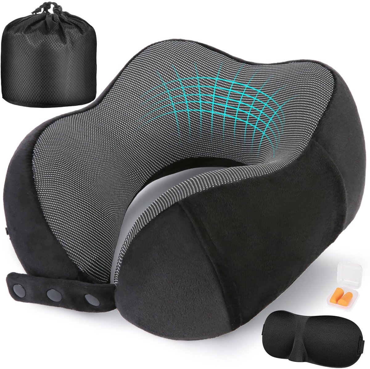 GOODEVN Travelnek Kussen 100% Schuim met Oogmasker & Opbergtas -Zwart - Ventilerend Luxe Memory Foam Travel Pillow voor Vliegtuig, Auto, Trein - Inclusief Oordopjes en Zakje voor Luchtweg, Autorijden, Kantoor