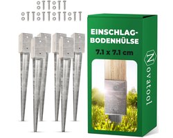 Novatool 6x Grondhulsset 71x71x750 mm, Grondhuls Parasolpaalsteunen Hekpaal Houten paal Grondhulzen Inslaghuls Grondanker Grondpen voor inslaan, Verzinkt, met schroeven