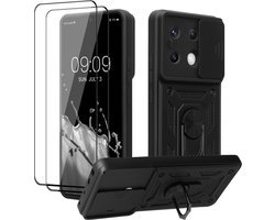 kwmobile Hoes voor Xiaomi Redmi Note 13 Pro 5G / Poco X6 5G Case – Smartphonehoesje met 2 beschermfolies – Camera-afdekking en ringhouder – Robuuste cover in zwart