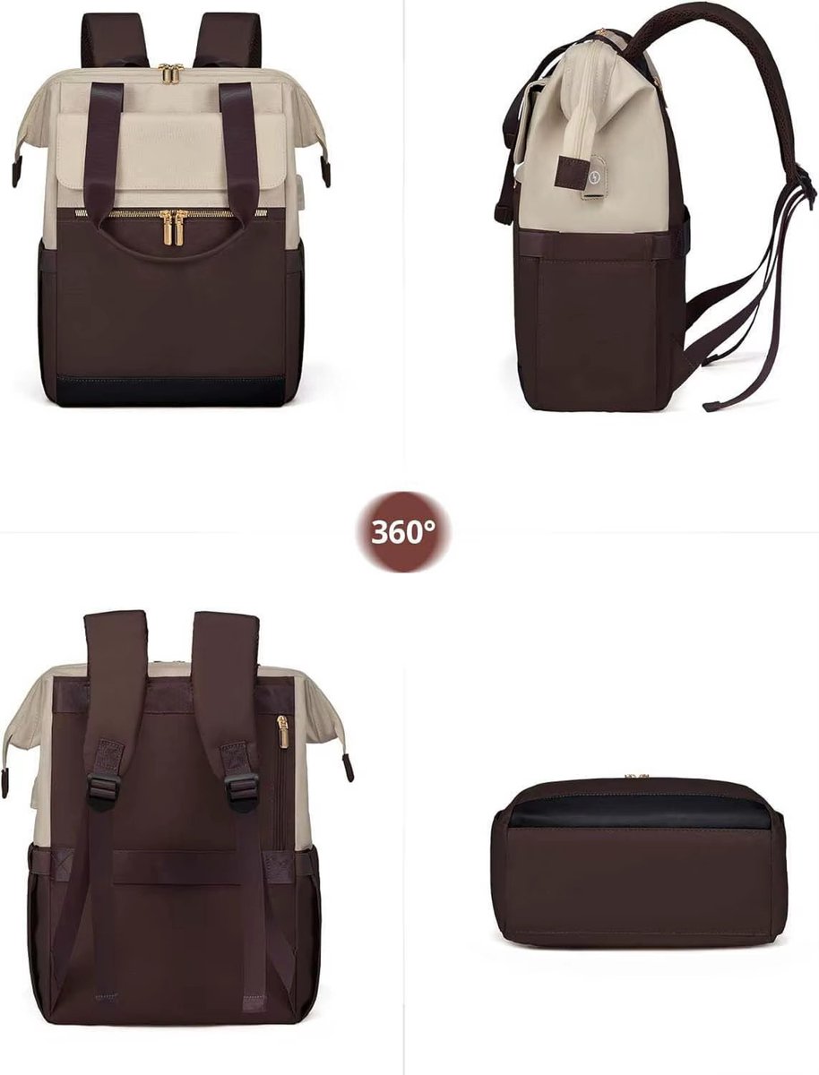 Bruin Crème Oxford Rugzak voor Vrouwen (43x30x20 cm) – Waterdicht, Ruim & Stijlvol | Luiertas, Reistas & Werktas met Extra Clutch (21x15 cm), Kofferband & Anti-diefstal Achtervak – foto 5