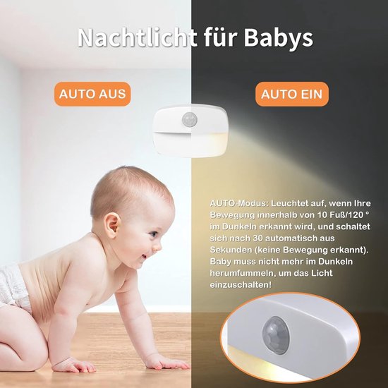 LED-nachtlampje met bewegingssensor - [Set van 4] Zelfklevend nachtlampje - Werkt op batterijen - Trapsensorlampje - Geschikt voor binnen - Ideaal voor badkamers, gangen, kledingkasten, keukens en kinderkamers, warm wit licht — afbeelding 3