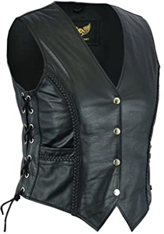 Dames lederen gilet zwart echt topnerf buffelleer mouwloos jas/vest (M) (10 Dames lederen gilet zwart echt topnerf buffelleer mouwloos jas/vest (M) (10