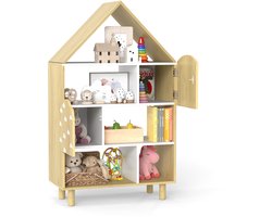 COSTWAY Kinderrek in huisvorm, boekenrek voor kinderen met 2 deuren en massieve houten poten, 4 niveaus, speelgoedrek van hout, speelgoedorganizer voor speelkamer, kinderkamer en slaapkamer, naturel