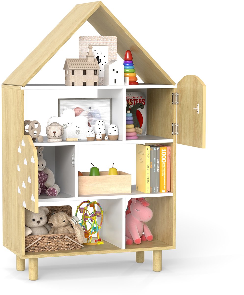 COSTWAY Kinderrek in huisvorm, boekenrek voor kinderen met 2 deuren en massieve houten poten, 4 niveaus, speelgoedrek van hout, speelgoedorganizer voor speelkamer, kinderkamer en slaapkamer, naturel