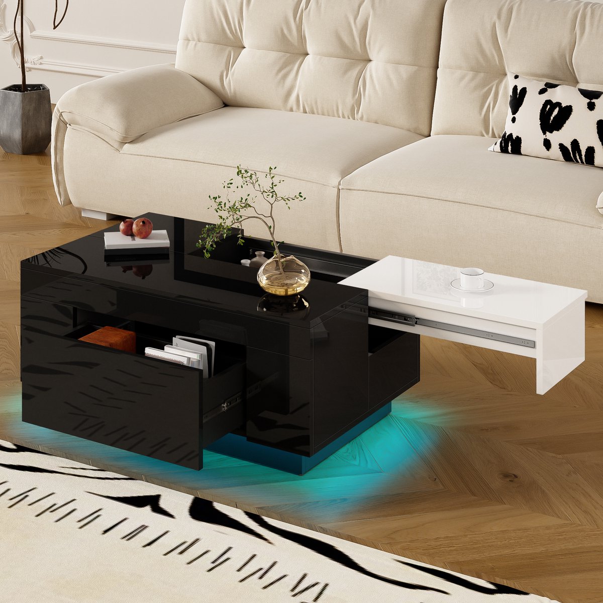 HAUSS SPOLE Salontafels - Koffietafel Met Uitklapbare Tafelplaat En 16-Kleur LED - 80x50x35,5 cm - MDF - Zwart