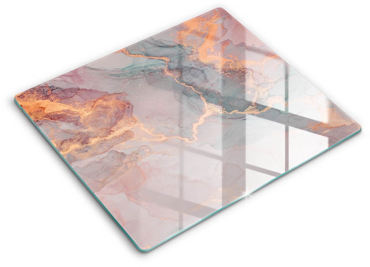 Wallfluent Spatscherm Keuken - Roze Glasplaat Keuken - 60x52 cm - Marmer Met Goud Achterwand Glasplaat Keuken - Natuurlijke patronen Rechthoekig Spatscherm Keuken