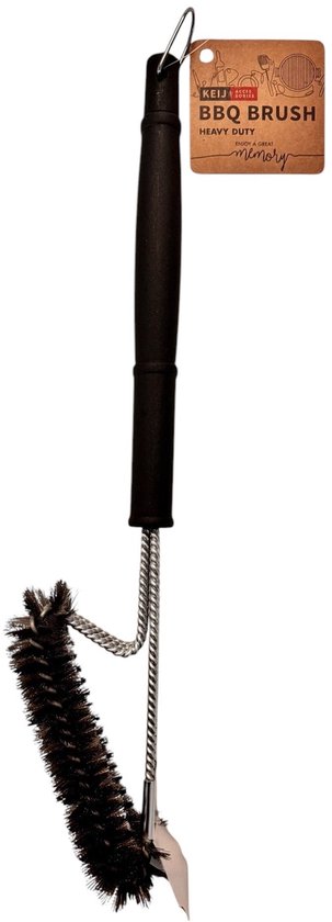 Zwarte BBQ borstel met bruine borstelharen en metalen handvat.