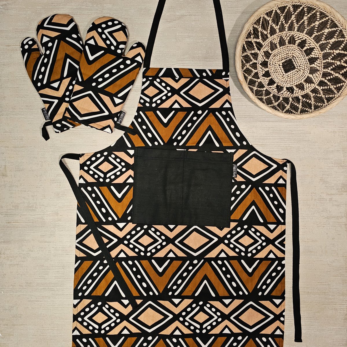 Keuken Schort en Set van 2 Ovenwanten | Afrikaanse Boheemse Stijl Geometrische 'Mudcloth' Bogolan Geïnspireerd Druk Schort