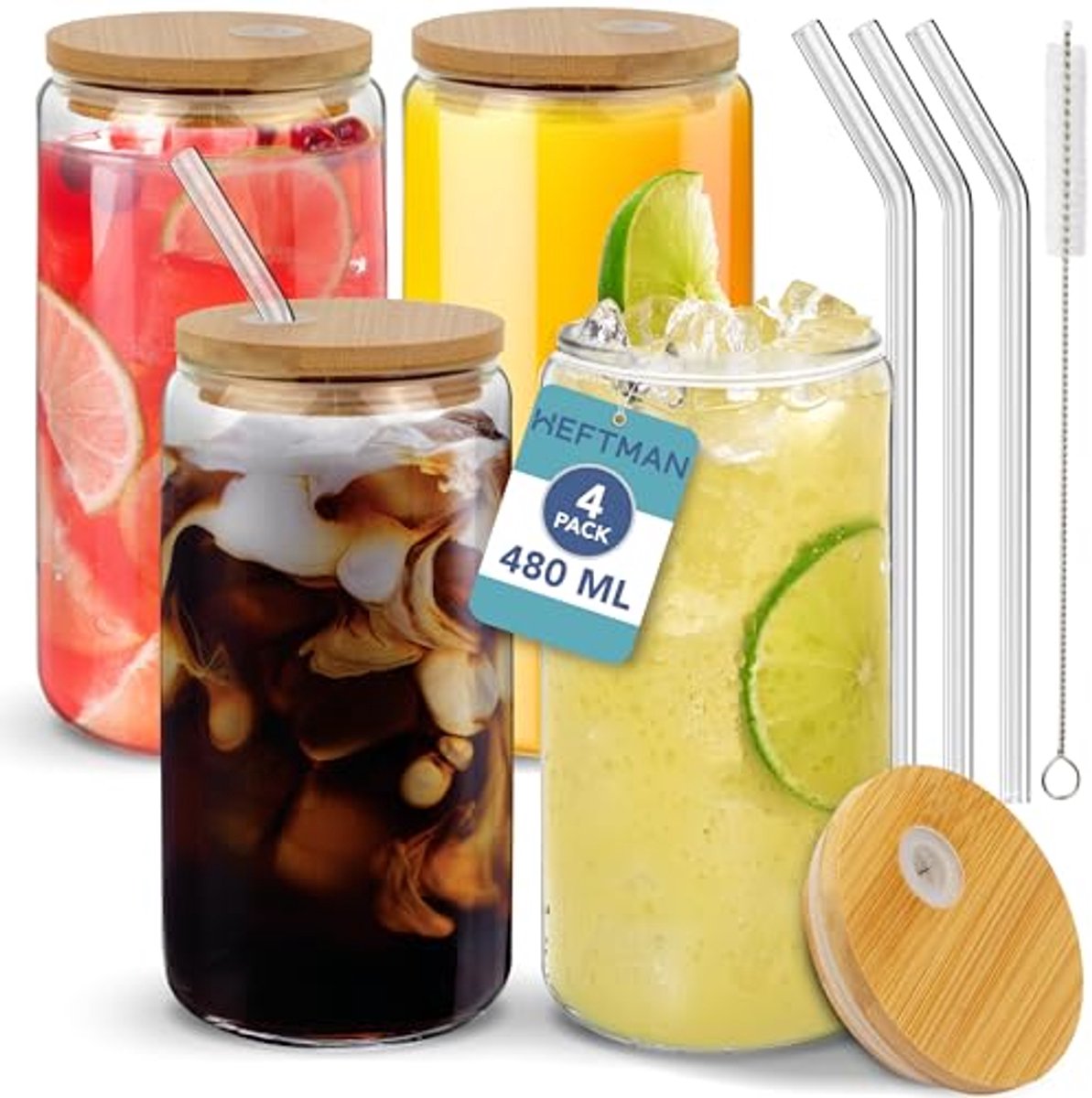 Glazen Bekers met Deksels en Rietjes - 4 Stuks - 480ml