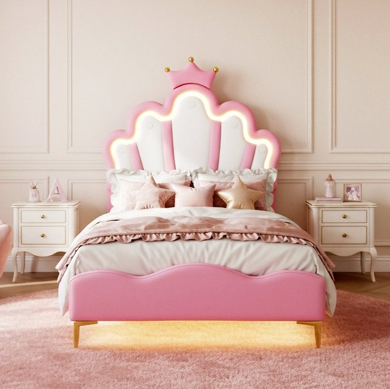 ADFBL Prinsessenbed Roze 90x200 cm - Kinderbed met Kroon & LED Verlichting | Gestoffeerd Meisjesbed