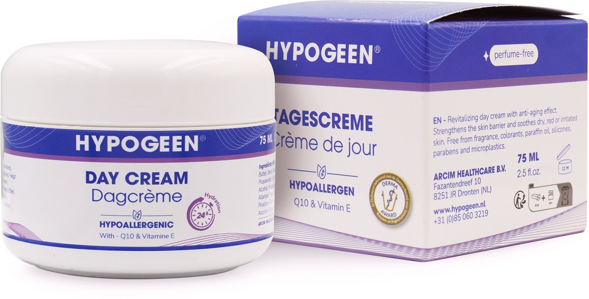 Hypogeen Dagcrème - Anti-rimpel Crème met Hyaluronzuur - Vrij van Parabenen, Parfum en Siliconen - Tegen Huidveroudering - Met Squalaan en Q10 - Hypoallergeen - pH-neutraal - Hydraterend - Voor Droge en Gevoelige Huid - Pot 75ml