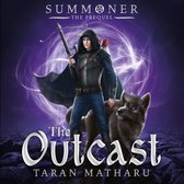 Een jonge man met een kap, gekleed in donkere kleding, houdt een kruisboog vast. Een zwarte wolf staat naast hem tegen een paarse, wervelende achtergrond. Titel: The Outcast.