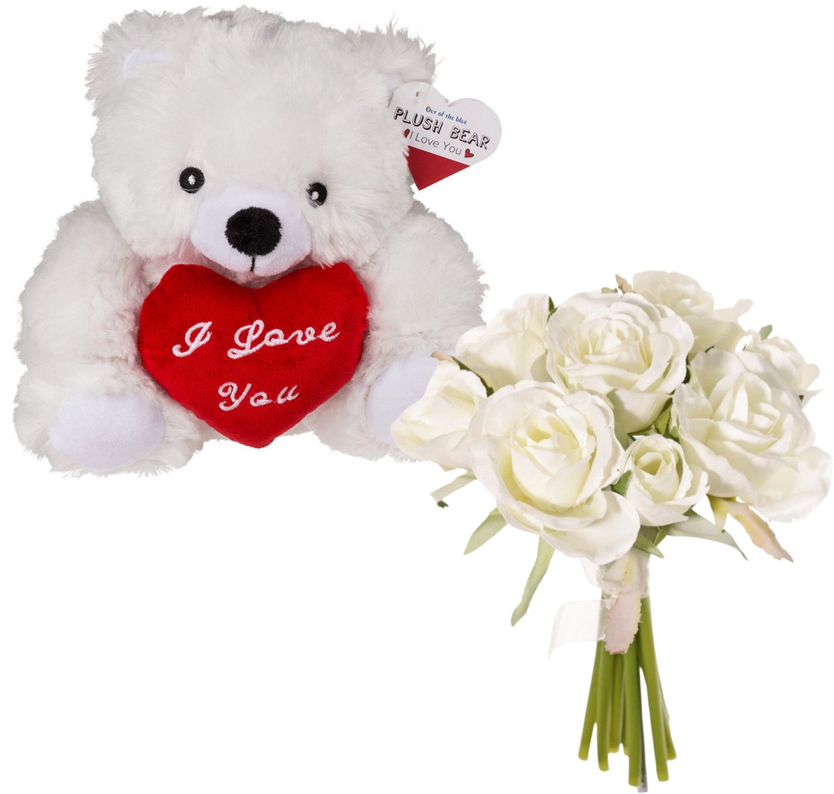 Valentijnscadeau - Beertje en rozenboeket- kunstbloem - wit - cadeau - romantisch