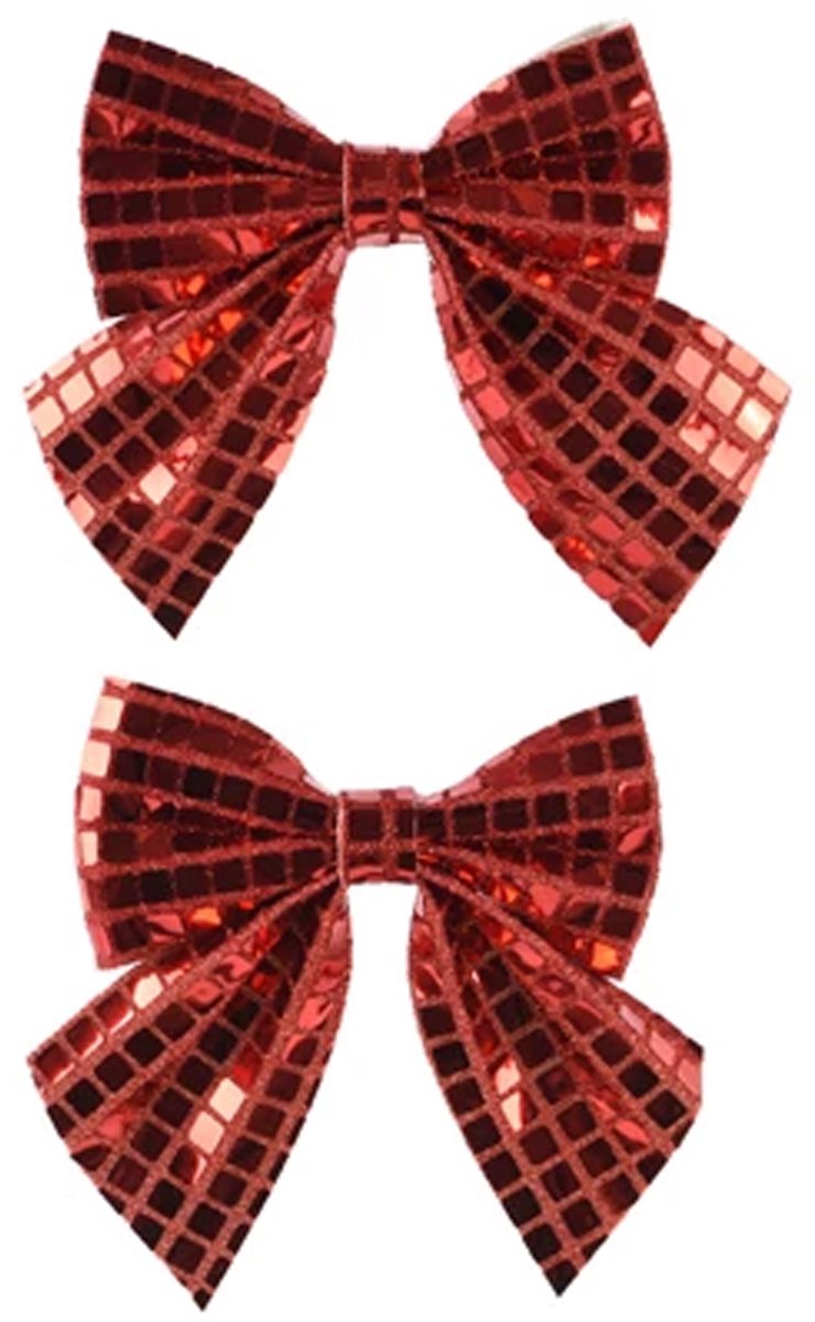 Decoris Kerstornamenten strikken - 2x - rode pailletten - 12 x 13 cm - kerstboomstrikjes - kerstboomversiering strikjes Rood