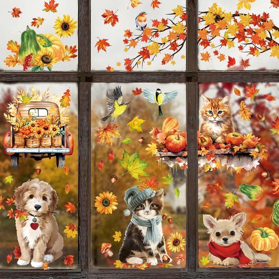 Vordpe 68 stuks Thanksgiving raamstickers, esdoornbladeren, oogstfeest, raamdecoratie voor kinderkamer, café, etalage
