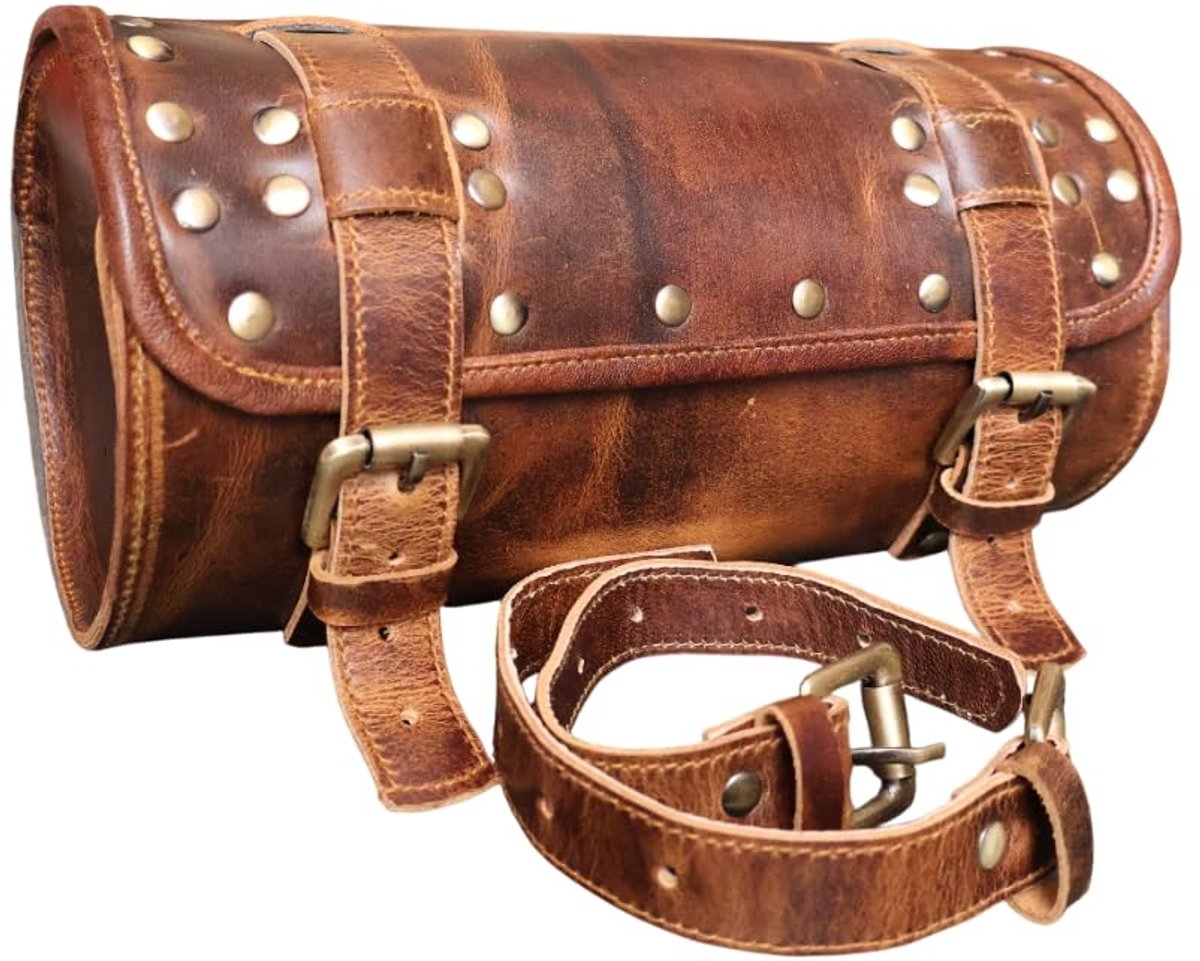 Vintage leren motortas met gespsluiting en snelsluiting, bruine gereedschapstas voor fietstoebehoren