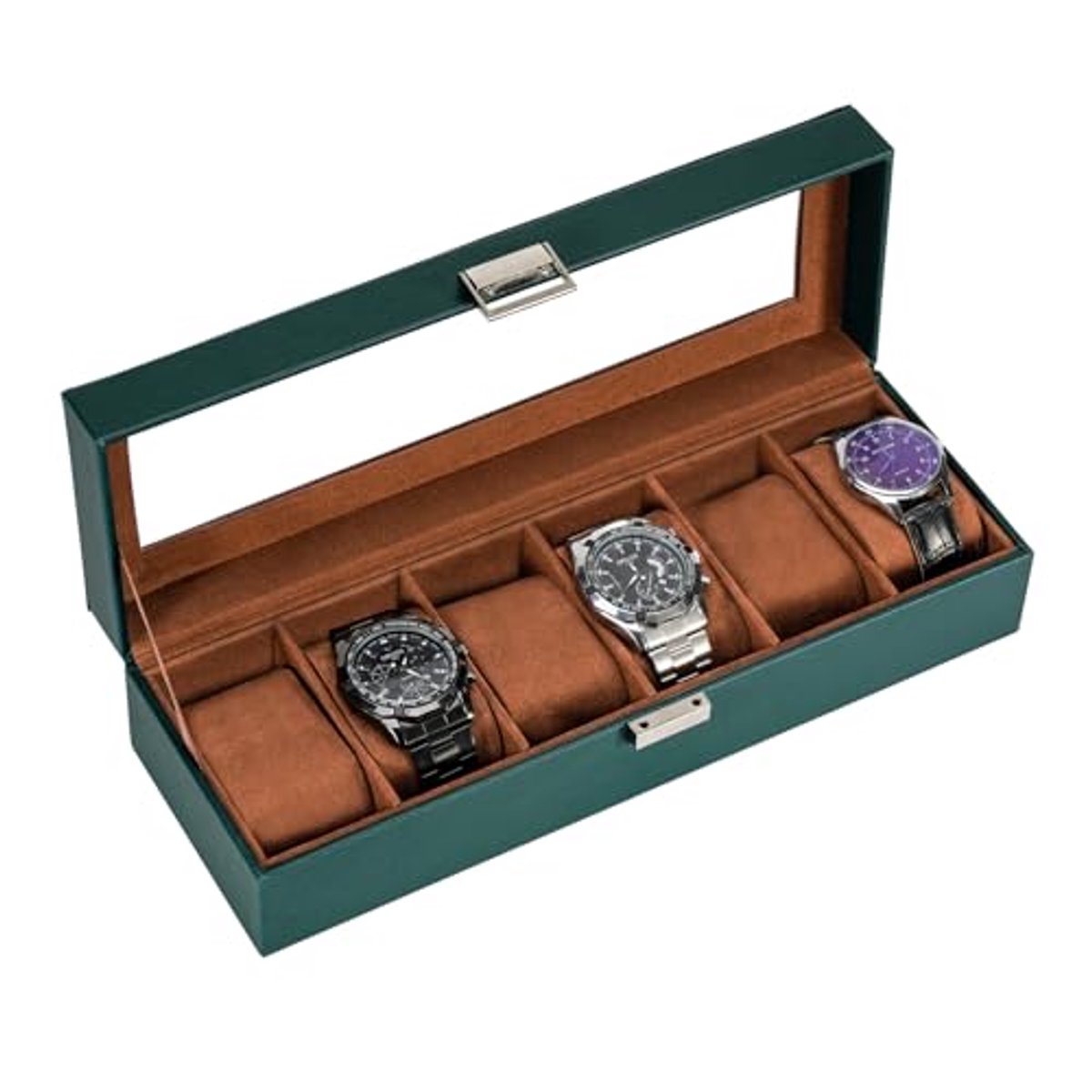 Watch box with 6 compartments and glass lid - Leather watch organizer for men and women