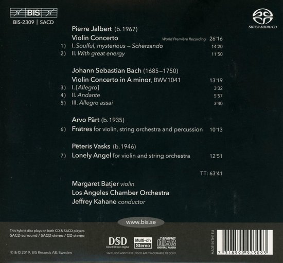 De achterkant van een SACD-hoes met tracklist en uitvoerders: Margaret Batjer, Los Angeles Chamber Orchestra, Jeffrey Kahane. BIS-2309.