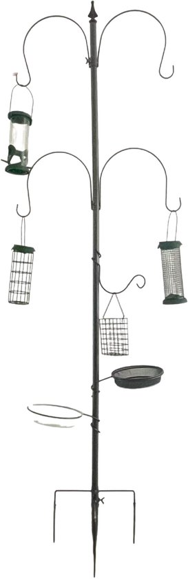 Een grijs metalen vogelvoederstation met meerdere feeders aan gebogen armen.