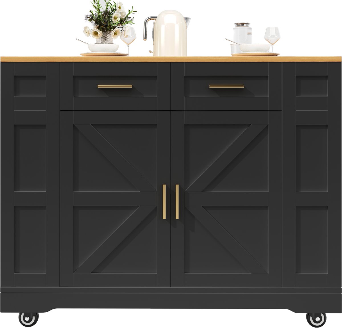 Moderne keukeneiland, keukenkast, buffetkast, servicemeubel met houtnerf, buffetkast, multifunctionele eettafel met opbergruimte, servicemeubel met uitschuifbare functiekasten, zwart