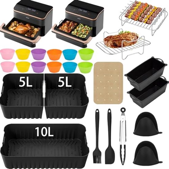 Cosori Heteluchtfriteuse Accessoires, Zesdelige Accessoireset Voor 3,5 Liter Friteuse Air Fyer Bakvorm Pizza Pan Grillrooster Dampenrek Siliconenmat Muffinvorm C137 6ac