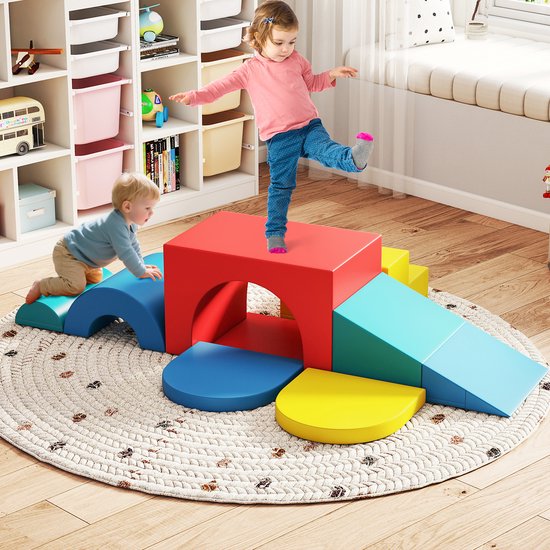 COSTWAY 7-delige schuimbouwstenen, zachte bouwstenen van PU voor kruipen, klimmen en glijden, reuzenbouwstenen van vuurvaste stof, grote bouwstenen XXL, voor kinderen vanaf 1 jaar (rood) van Merkloos — afbeelding 3