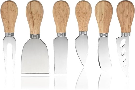 Set de 6 Couteaux à fromage - Acier inoxydable avec Poignées en teck - Pour fromages à pâte molle, gâteaux et desserts - Pour gourmets et passionnés de cuisine - Accessoires pour fromages