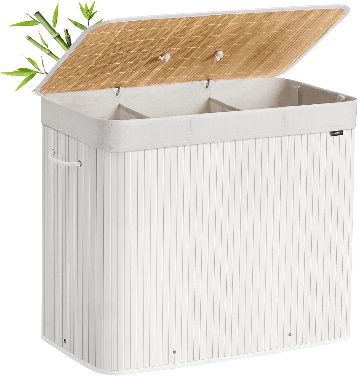 SONGMICS - Wasmand met deksel - 3 compartimenten - 170 liter - 70 x 40 x 61 cm - bamboe - met handgrepen - wit