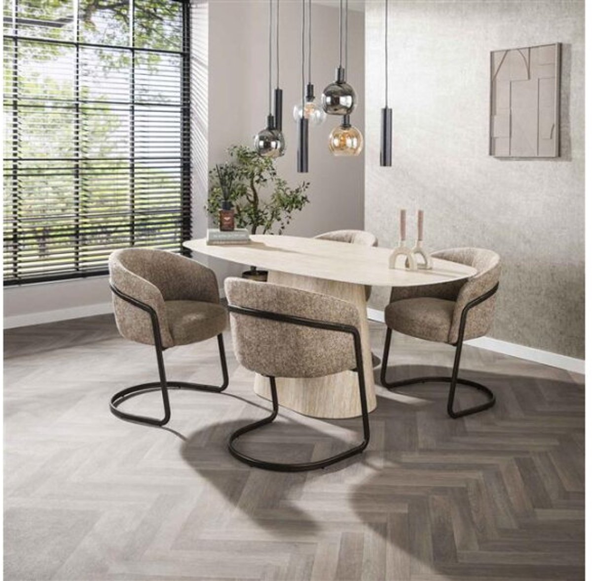 Eettafel Centurio Deens ovaal Travertin keramiek 180x90 cm - Beige