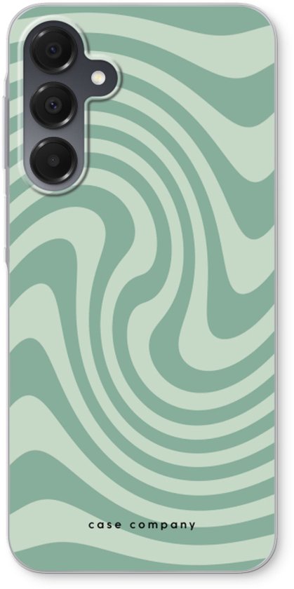 Coque de téléphone avec motif tourbillon abstrait vert, dos avec découpe pour appareil photo.
