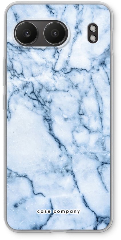 Une coque de téléphone marbre bleu, vue de face avec ouvertures pour les lentilles de caméra.