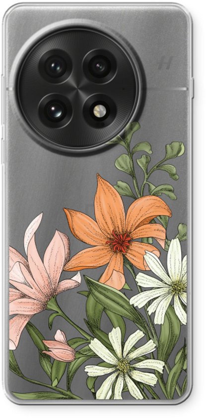 Transparant telefoonhoesje met bloemenprint. Grote ronde camerapositie. Oranje, roze en witte bloemen.