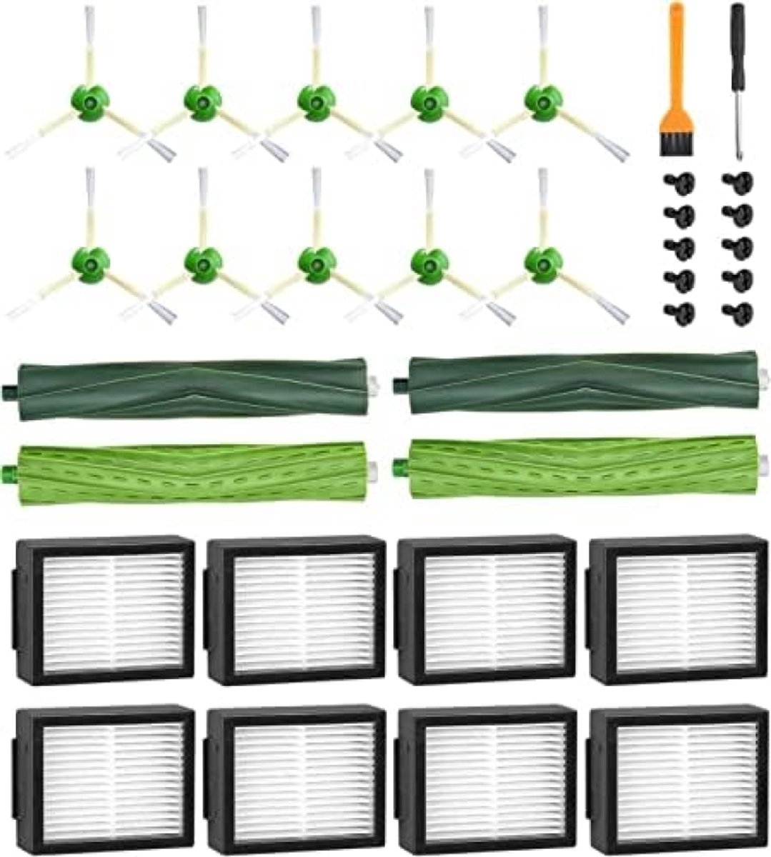 Reserveonderdelen voor Roomba E & I Serie E5 E6 i7 i7+ i3 i3+ i4 i4+ i6 i6+ j7 j7+ robotstofzuiger, accessoires, compatibel met Roomba, 2 set rubberen borstels, 8 filters, 10 zijborstels .